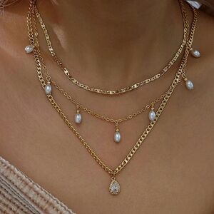 NEW 14K Gold Plated Elegant Gold and Pearl Layered Necklace